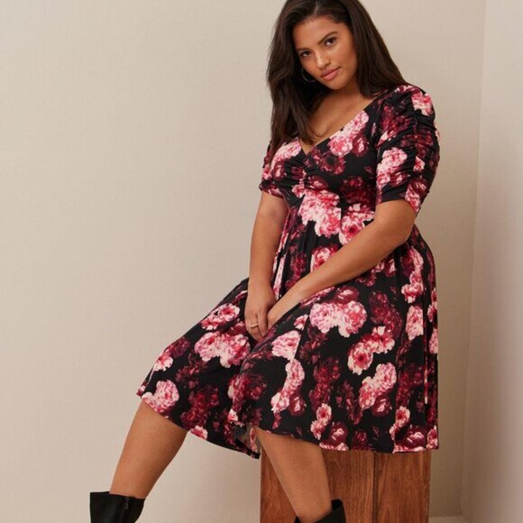 Torrid Cinch Front Skater Mini Dress Bodycon Puff Sleeve Pink Floral Siz… - Picture 3 of 8